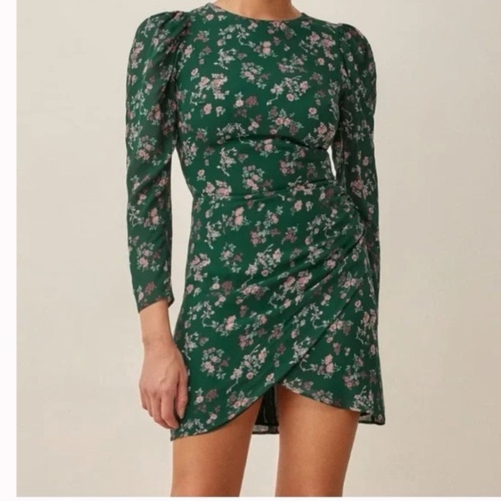 NEW Reformation Juni Floral Puff Sleeve Dress Green - Picture 2 of 15